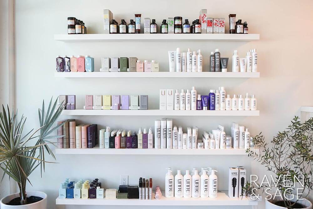 Multiple hair products on 5 free-standing shelves